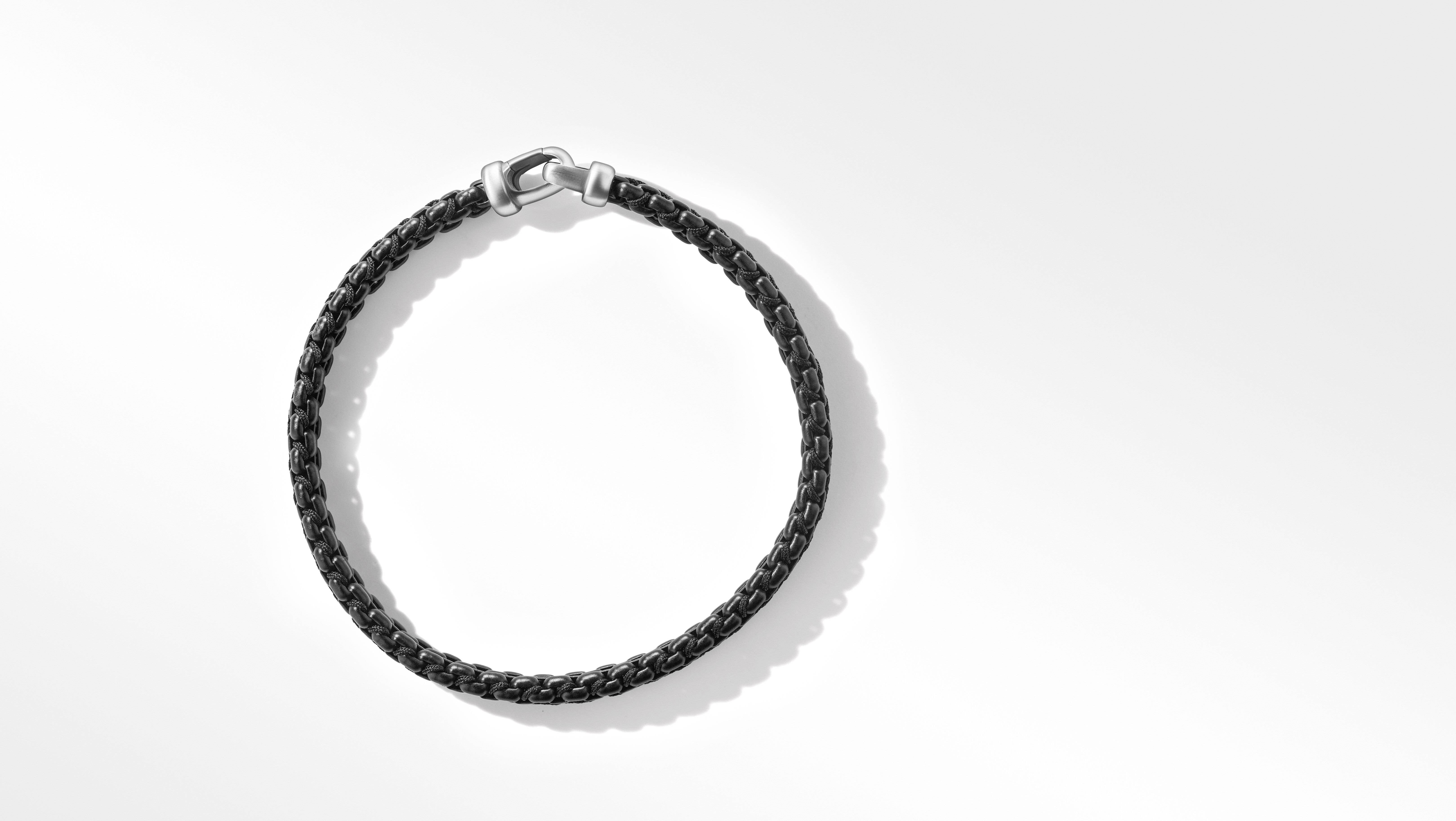 Matte Finish Stainless Steel Double Row Box Chain Bracelet with Black Nylon Cord - Black