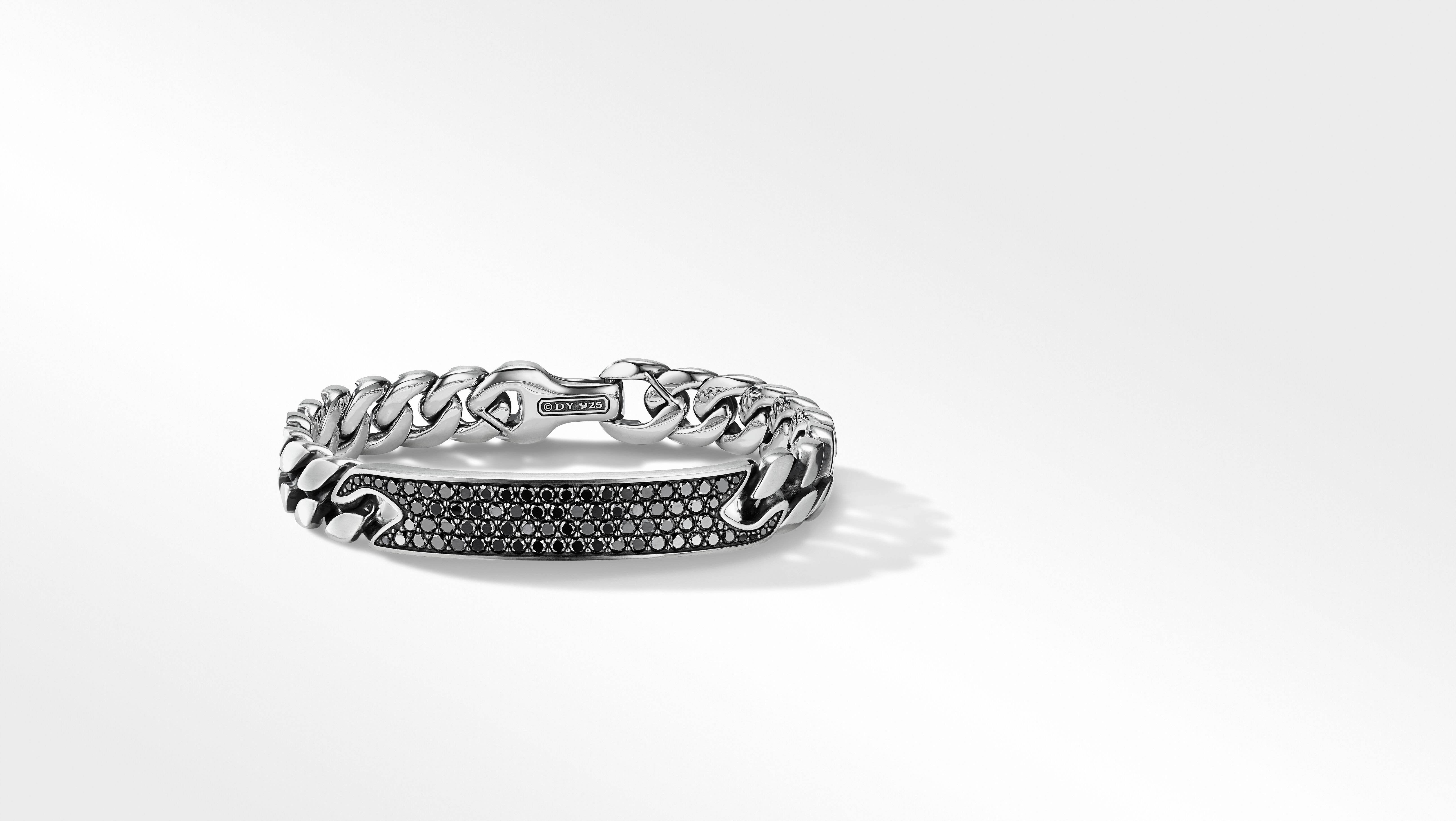 Curb Chain ID Bracelet in Sterling Silver with Pavé Black Diamonds