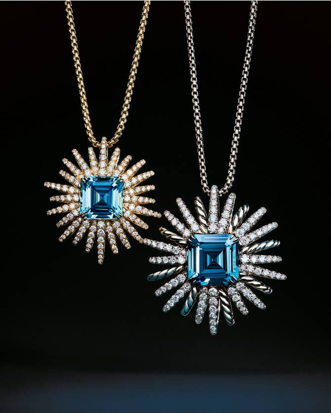 Starburst Collection one-of-a-kind yellow and white gold and pavé-set diamond pendant necklaces with aquamarines, 2023.