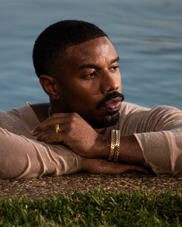 Michael B. Jordan wearing David Yurman Chevron jewelry.