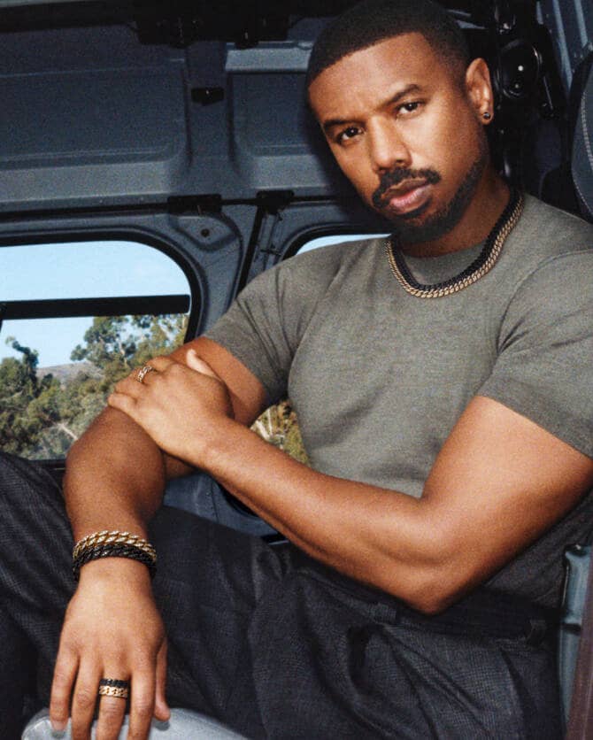 Michael B. Jordan wearing David Yurman Curb chain jewelry.