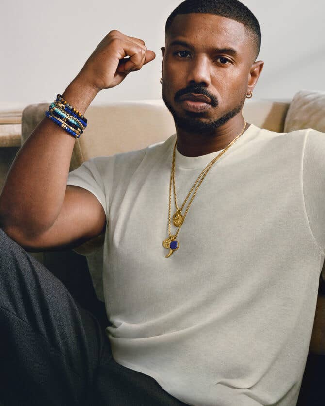 Michael B. Jordan wearing David Yurman spiritual beads and amulets.