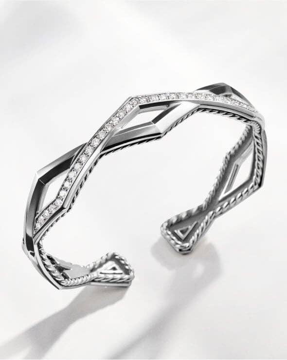 A David Yurman Zig Zag Stax cuff bracelet with pave diamonds.