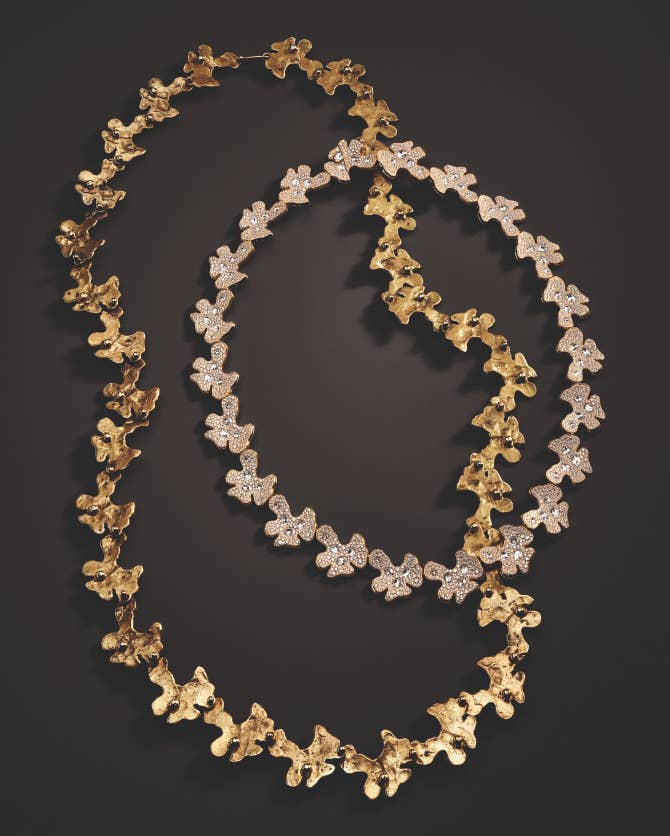 High Jewelry unique piece from the Petals Collection, yellow gold with pavé-set diamond necklace, 2016, on top of the original bronze Petal necklace from 1972.