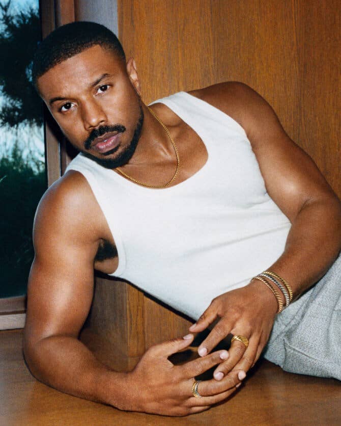 Michael B. Jordan wearing David Yurman Sculpted Cable jewelry.