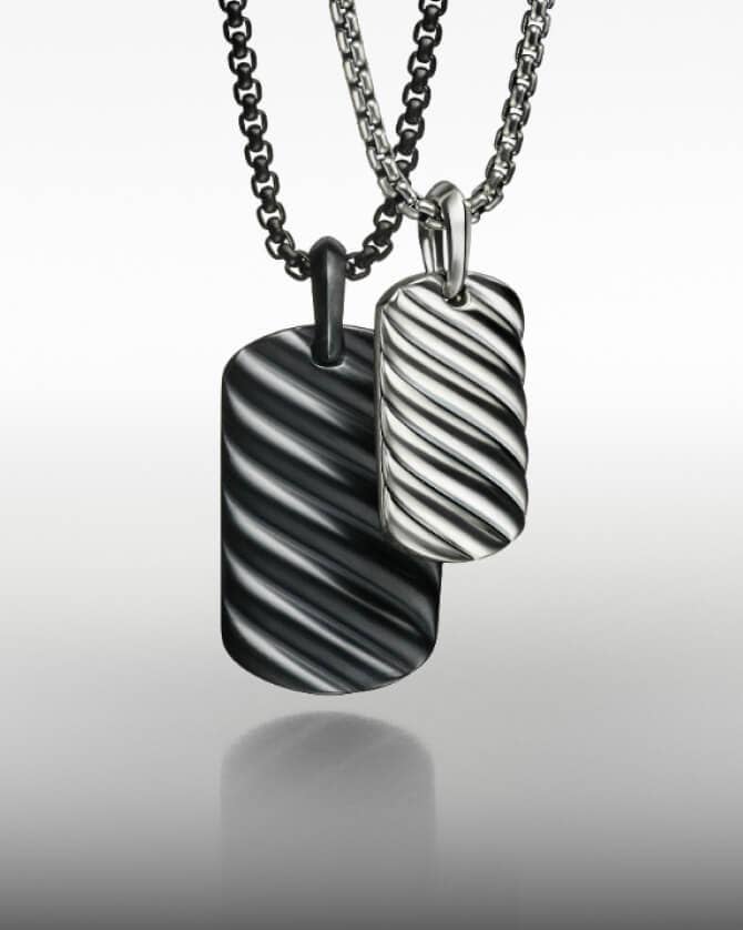 Two David Yurman Cable Sculpted Cable tags for men.