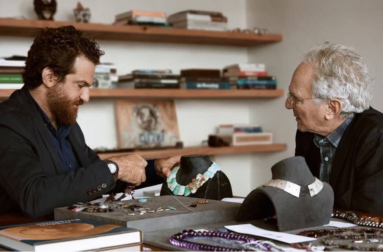 Evan and David Yurman collaborating on designing the Slab necklace at the Vestry Street atelier for the Artist Series, 2018. Photographed by Gary Petersen.