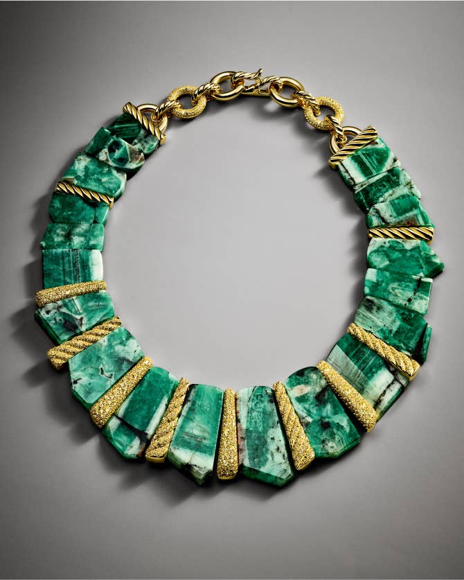 High Jewelry one-of-a-kind Chinese emerald slab necklace with yellow sapphires set in 18-karat gold with pavé-set diamonds, 2023.