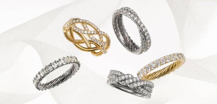 An image of five David Yurman wedding bands for women.